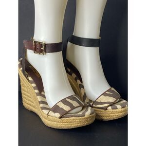 Michael Kors Brown Zebra Espadrille Wedge Sandals with Ankle Buckle Size 8